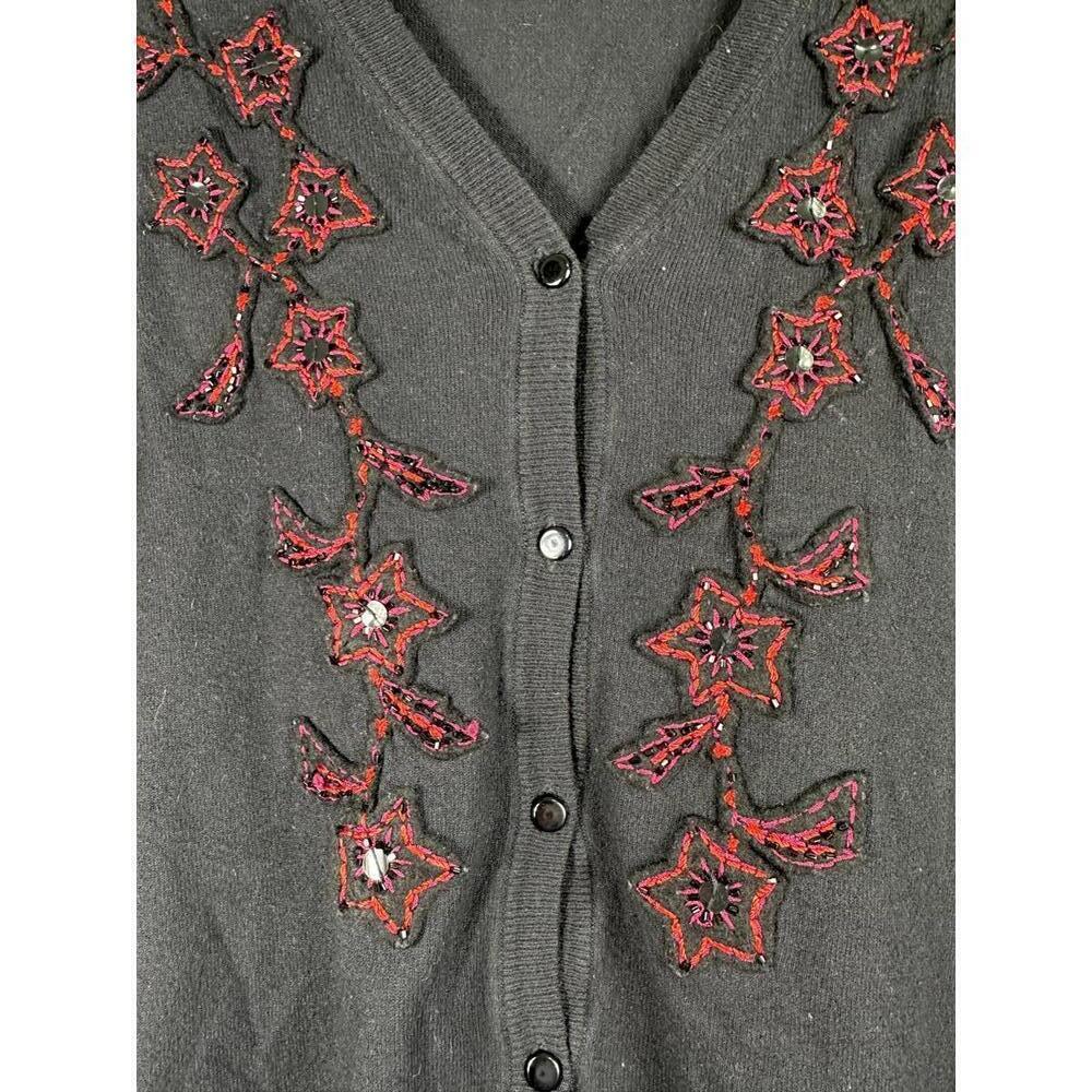 Oscar de la Renta Black Beaded Floral Cardigan Sweater Women’s Medium - Picture 2 of 7